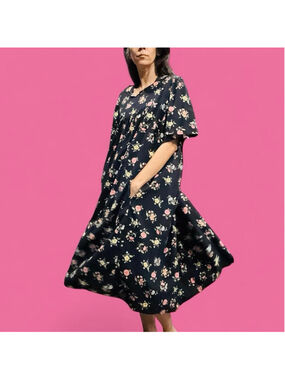 Vintage Sita Floral Muumuu Dress Black Cottagecore House Dress L Retro Boho